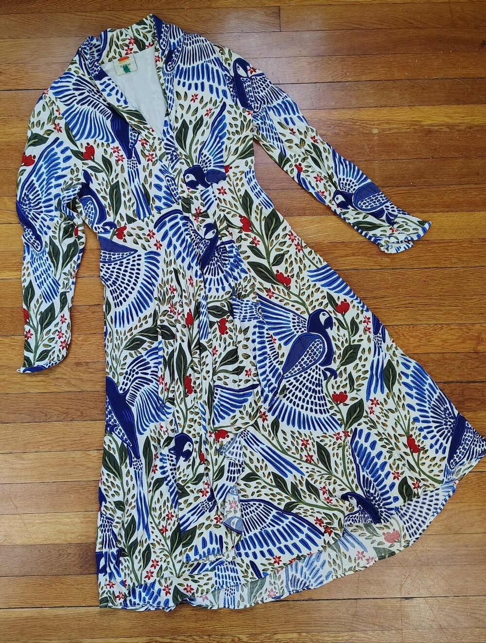FARM RIO Macaw Midi Dress Sz Medium Resort Vacation Colorful Blue Bird Print - Picture 2 of 13